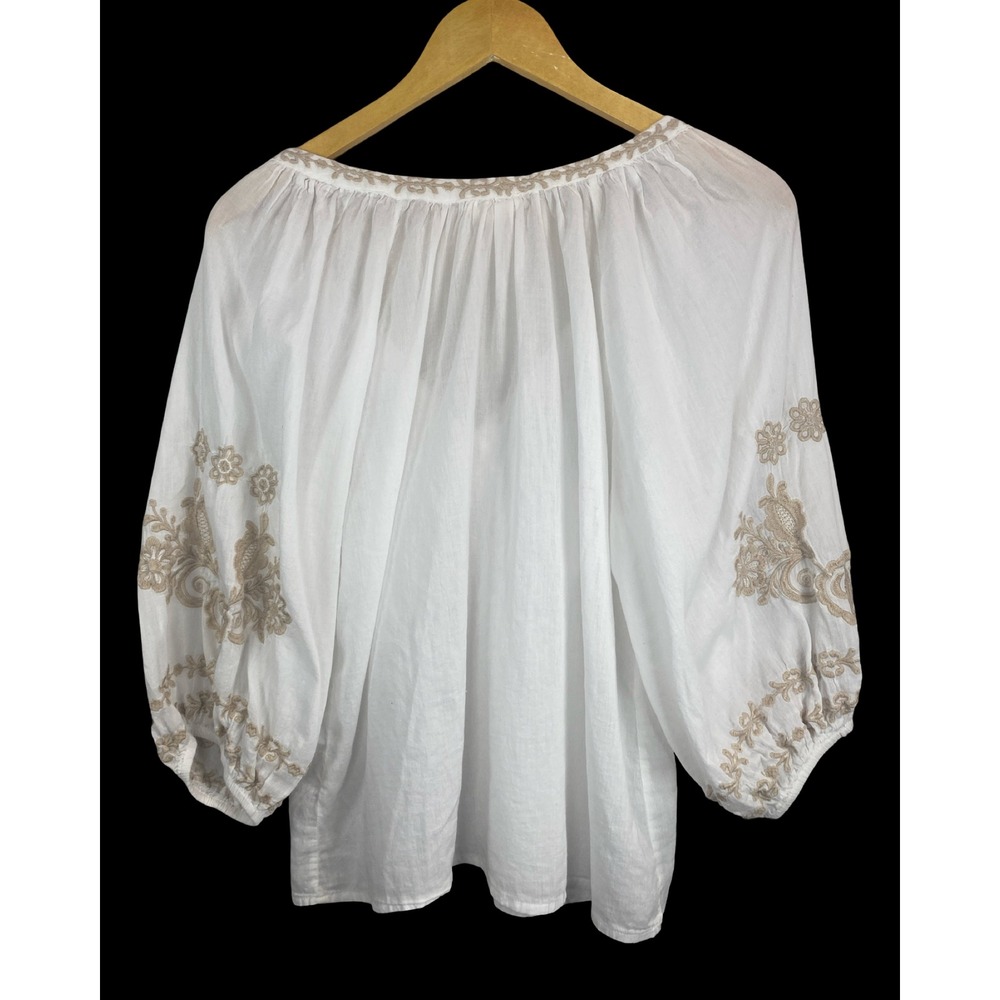Artelier Nicole Miller White Embroidered Cotton Peasant Blouse Tassel Top S EUC - Picture 5 of 10